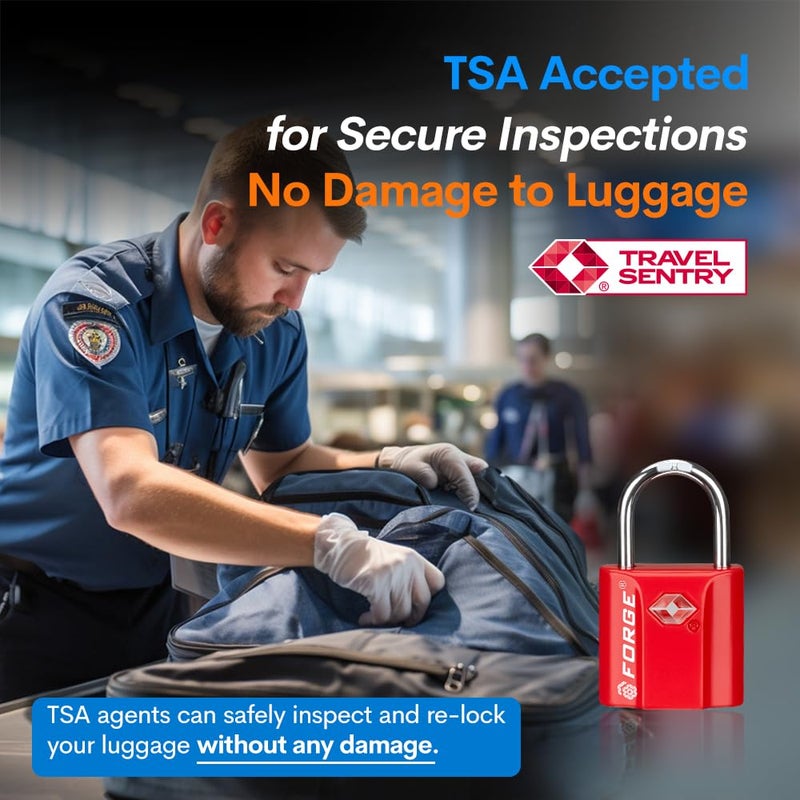 Forge أقفال حقائب صغيرة معتمدة من TSA: أقفال سفر فائقة الأمان بمفتاح مائل، جسم سبائكي، للحقائب، حقائب السفر، حقائب الظهر، حزمة 4 حمراء - Image 2